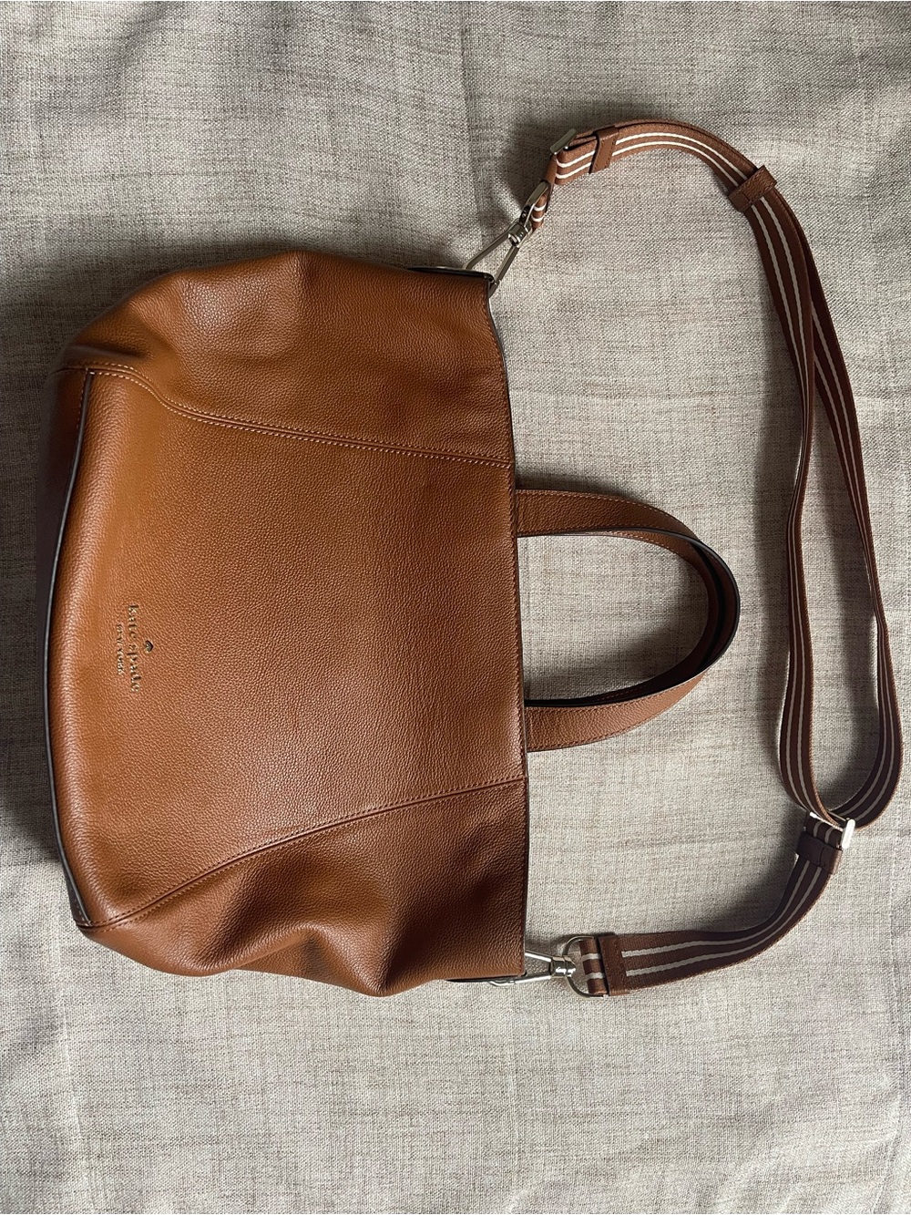 kate spade Chestnut Brown Leather Shoulder Tote with Striped Strap